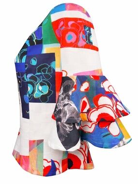 Alberto Makali Art-to-Wear Abstract Patchwork Top Bell Sleeve Size L